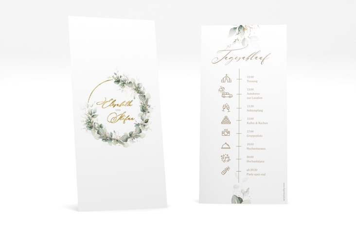 Tagesablauf Hochzeit Selvatica lange Karte hoch weiss gold mit Eukalyptus-Kranz