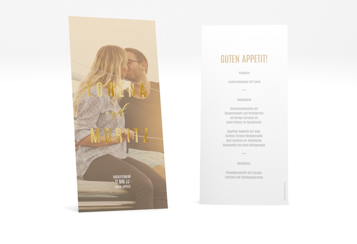 Menükarte Hochzeit Memory lange Karte hoch beige gold