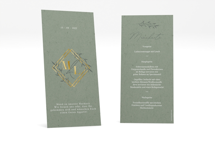 Menükarte Hochzeit Greenletter lange Karte hoch gruen gold mit Initialen in elegantem Goldrahmen mit Blättern