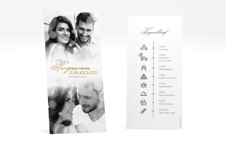 Tagesablauf Hochzeit Bokeh lange Karte hoch weiss gold