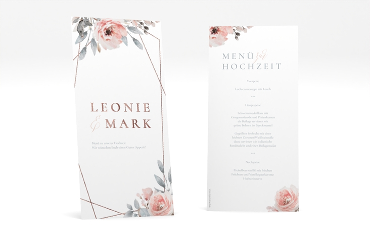 Menükarte Hochzeit Perfection lange Karte hoch weiss rosegold mit rosa Rosen