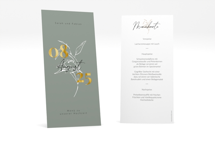 Menükarte Hochzeit Seed lange Karte hoch gruen gold