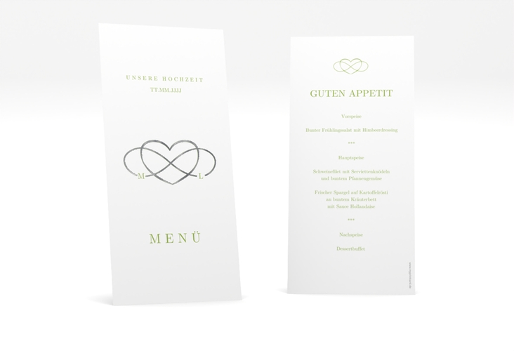 Menükarte Hochzeit Infinity lange Karte hoch gruen silber
