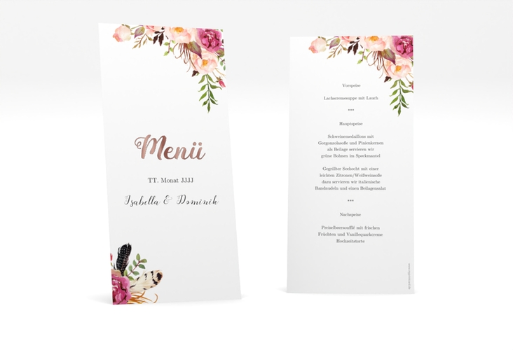 Menükarte Hochzeit Flowers lange Karte hoch weiss rosegold mit bunten Aquarell-Blumen