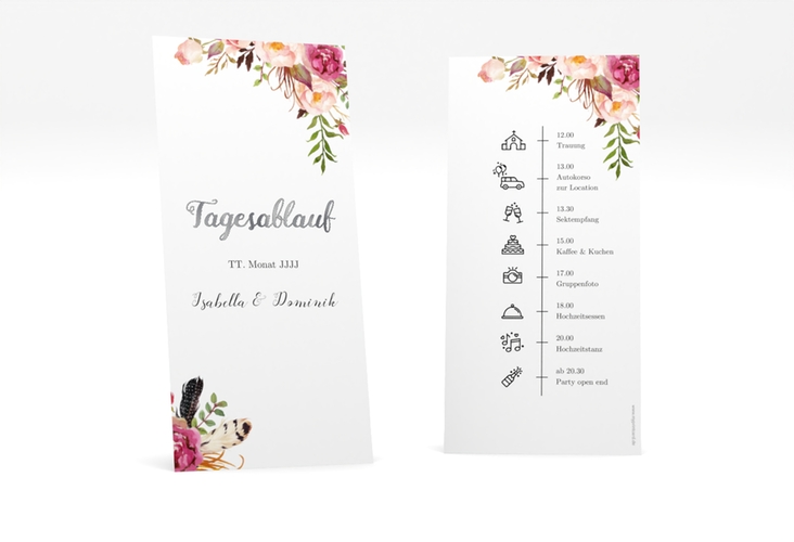 Tagesablauf Hochzeit Flowers lange Karte hoch weiss silber mit bunten Aquarell-Blumen