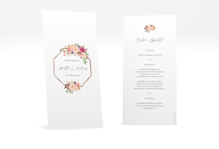 Menükarte Hochzeit Prachtvoll lange Karte hoch weiss rosegold