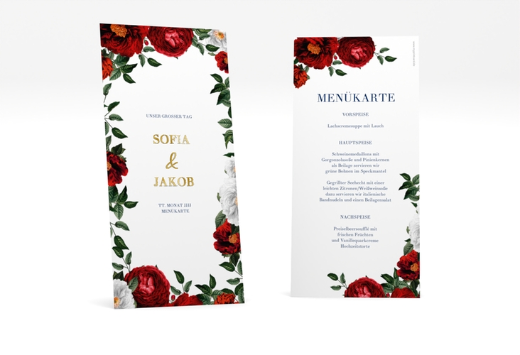 Menükarte Hochzeit Florista lange Karte hoch weiss gold