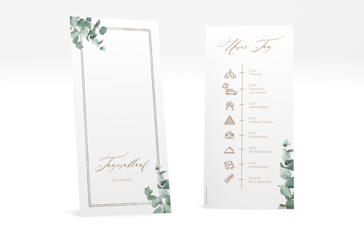 Tagesablauf Hochzeit Eucalypt lange Karte hoch weiss silber mit Eukalyptus und edlem Rahmen