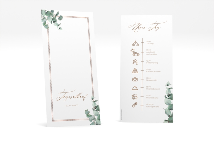 Tagesablauf Hochzeit Eucalypt lange Karte hoch weiss rosegold mit Eukalyptus und edlem Rahmen