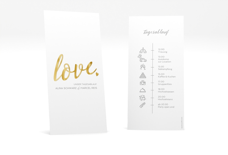 Tagesablauf Hochzeit Glam lange Karte hoch weiss gold