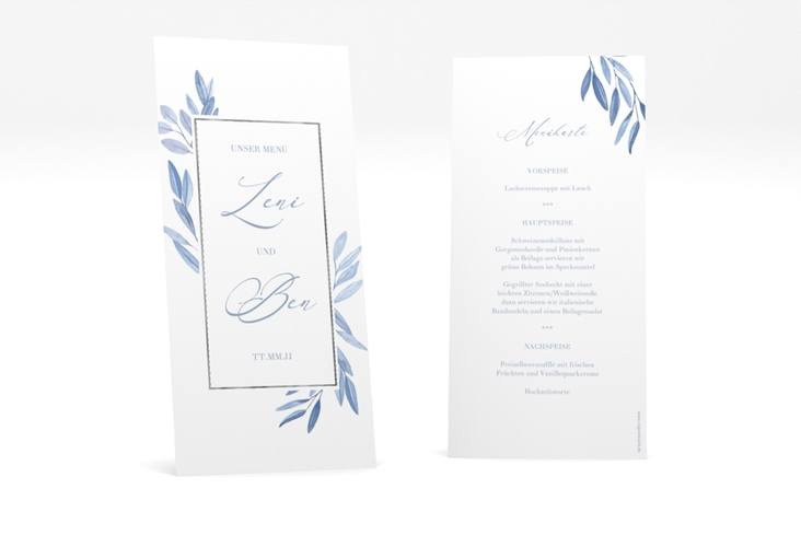 Menükarte Hochzeit Classicblue lange Karte hoch weiss silber