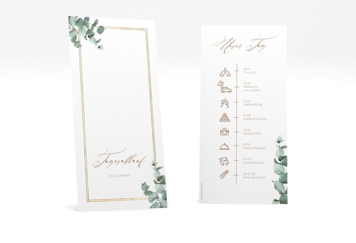 Tagesablauf Hochzeit Eucalypt lange Karte hoch weiss gold mit Eukalyptus und edlem Rahmen