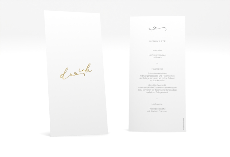 Menükarte Hochzeit Zweisamkeit lange Karte hoch weiss gold im minimalistischen Stil mit Aufschrift du & ich