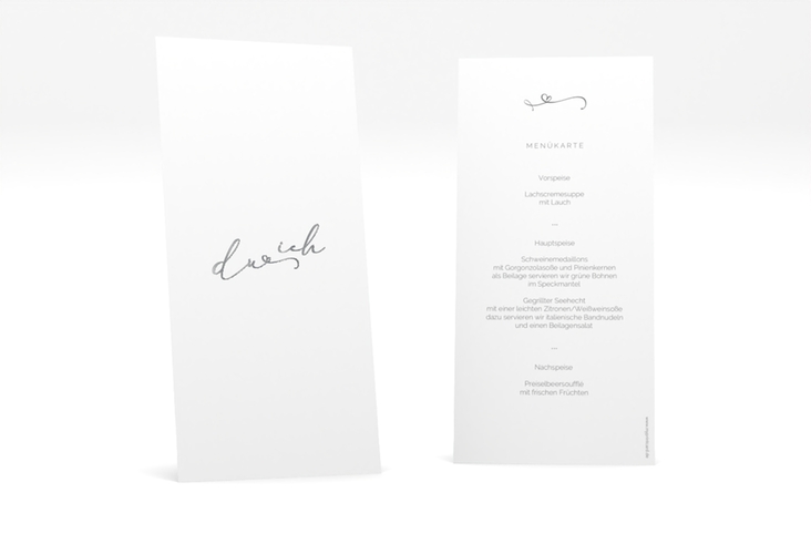 Menükarte Hochzeit Zweisamkeit lange Karte hoch weiss silber im minimalistischen Stil mit Aufschrift du & ich