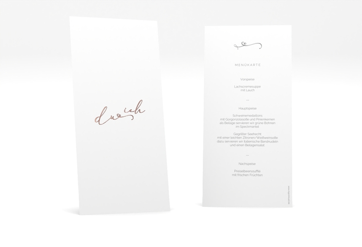 Menükarte Hochzeit Zweisamkeit lange Karte hoch weiss rosegold im minimalistischen Stil mit Aufschrift du & ich
