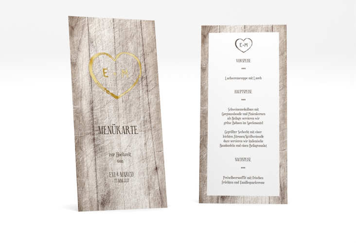 Menükarte Hochzeit Wood lange Karte hoch weiss gold