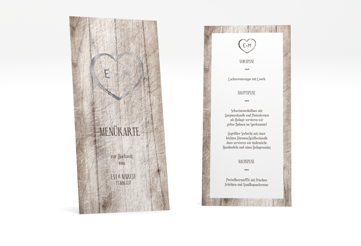 Menükarte Hochzeit Wood lange Karte hoch weiss silber