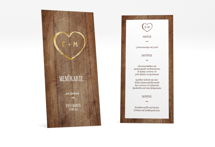 Menükarte Hochzeit Wood lange Karte hoch braun gold