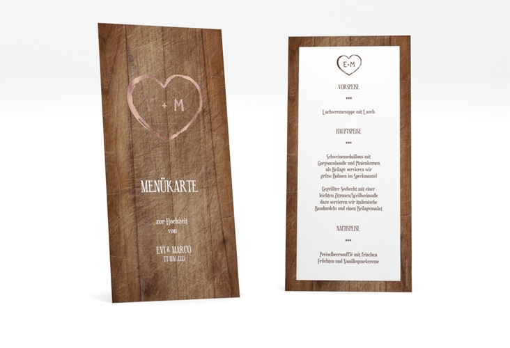 Menükarte Hochzeit Wood lange Karte hoch braun rosegold