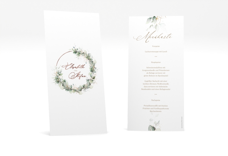 Menükarte Hochzeit Selvatica lange Karte hoch weiss rosegold mit Eukalyptus-Kranz