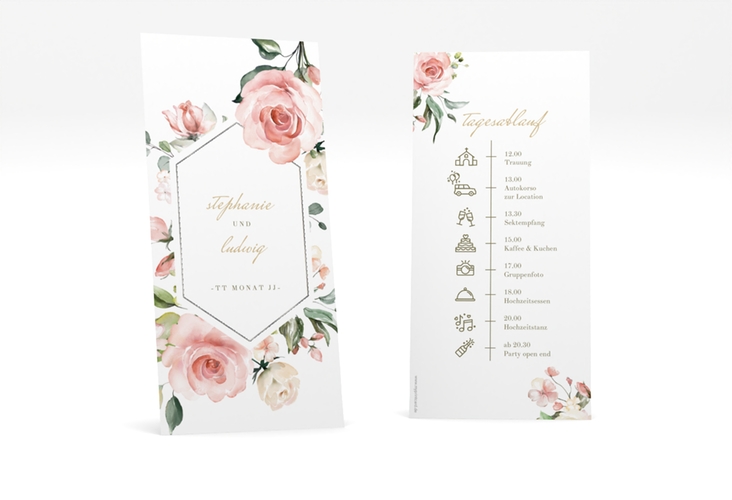 Tagesablauf Hochzeit Graceful lange Karte hoch weiss silber mit Rosenblüten in Rosa und Weiß