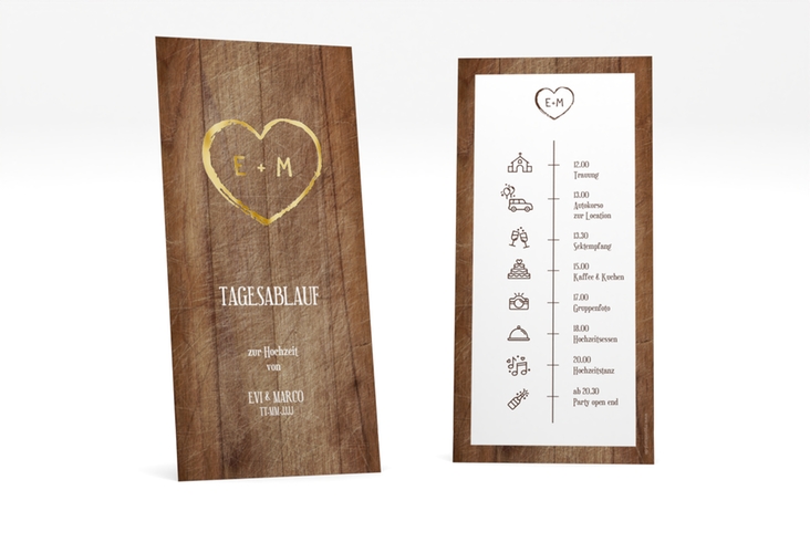 Tagesablauf Hochzeit Wood lange Karte hoch braun gold