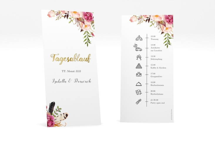 Tagesablauf Hochzeit Flowers lange Karte hoch weiss gold mit bunten Aquarell-Blumen