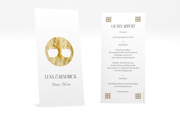 Menükarte Hochzeit Lebensbaum lange Karte hoch weiss gold im Stil der Kelten und Wikinger