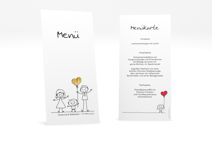 Menükarte Hochzeit Family lange Karte hoch weiss gold