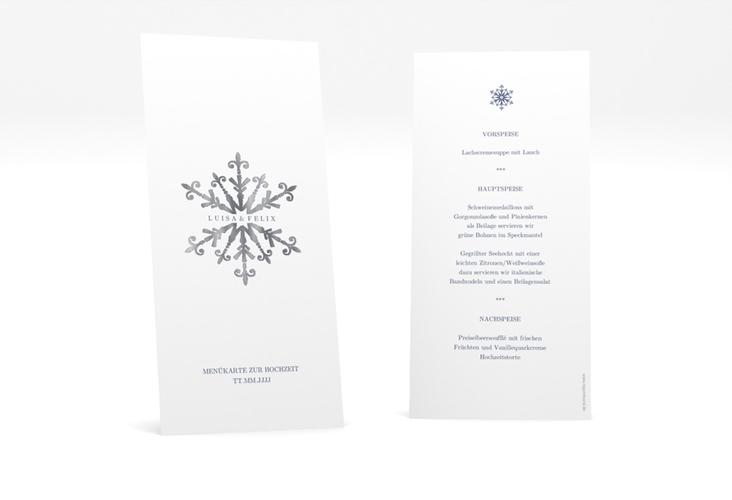 Menükarte Hochzeit Crystal lange Karte hoch weiss silber mit Eiskristall