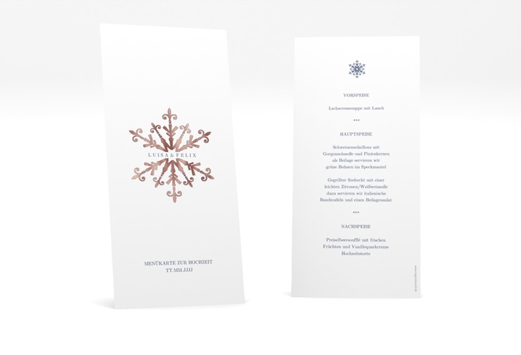 Menükarte Hochzeit Crystal lange Karte hoch weiss rosegold mit Eiskristall