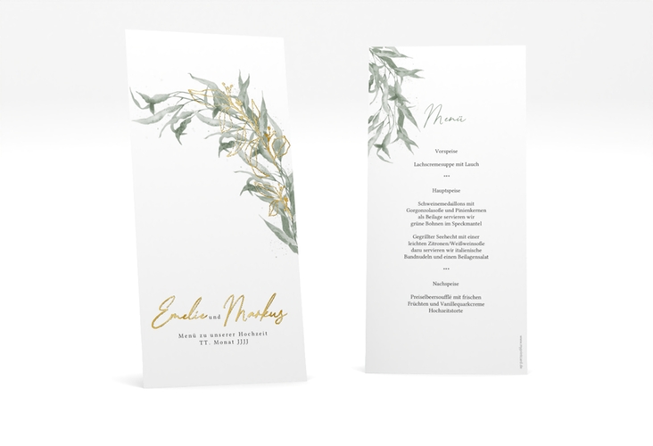 Menükarte Hochzeit Eucalyptus Green lange Karte hoch weiss gold