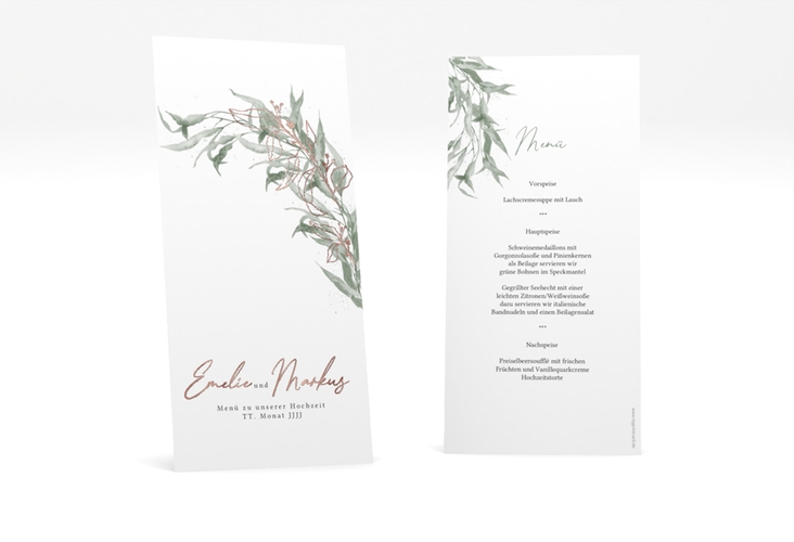 Menükarte Hochzeit Eucalyptus Green lange Karte hoch weiss rosegold