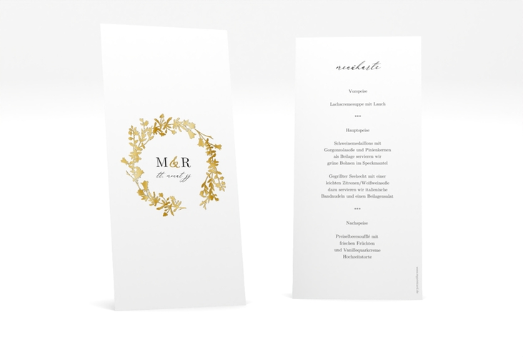 Menükarte Hochzeit Filigree lange Karte hoch weiss gold