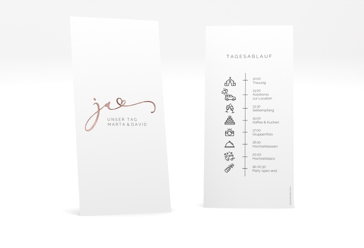 Tagesablauf Hochzeit Jawort lange Karte hoch weiss rosegold modern minimalistisch mit veredelter Aufschrift