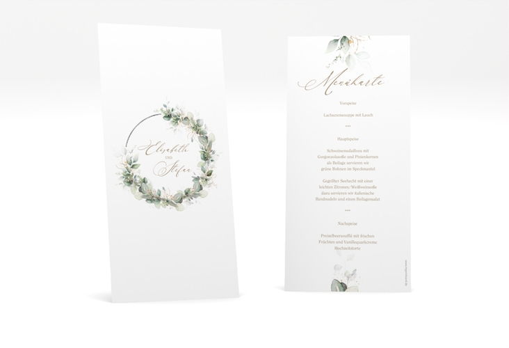 Menükarte Hochzeit Selvatica lange Karte hoch weiss silber mit Eukalyptus-Kranz