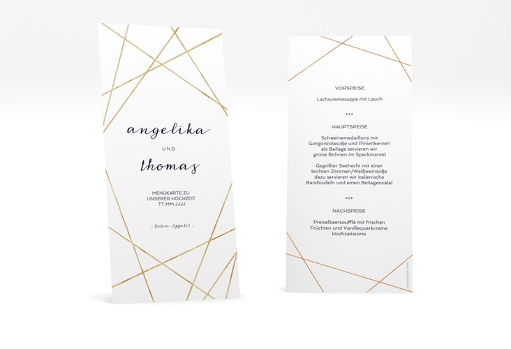 Menükarte Hochzeit "Asymmetry" lange Karte hoch weiss gold