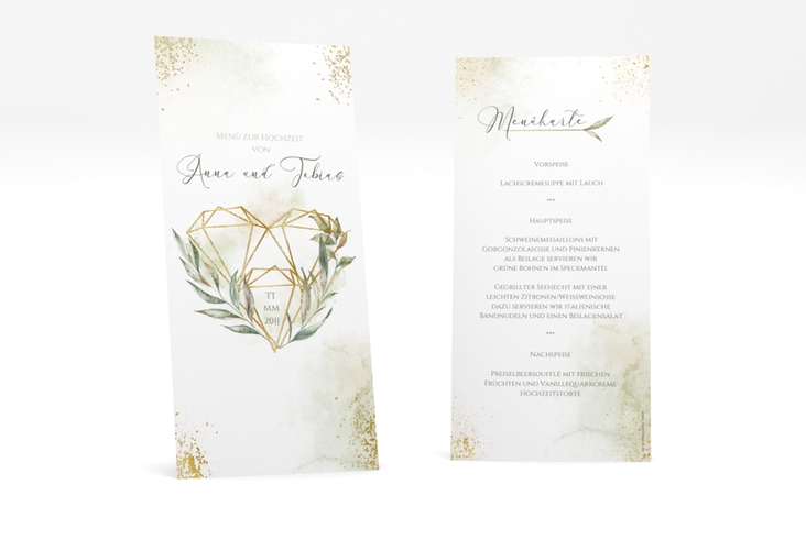 Menükarte Hochzeit Heartfelt lange Karte hoch weiss gold mit Diamanten im Geometric Design