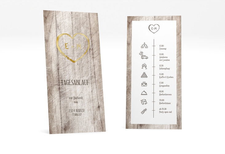 Tagesablauf Hochzeit Wood lange Karte hoch weiss gold