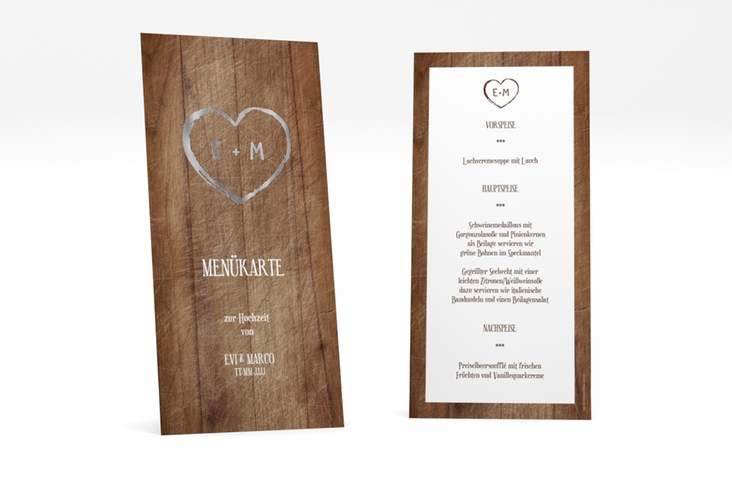 Menükarte Hochzeit Wood lange Karte hoch braun silber