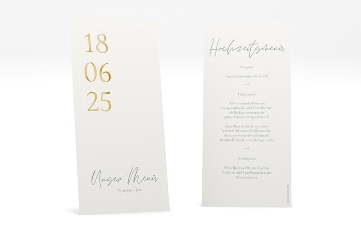Menükarte Hochzeit Day lange Karte hoch weiss gold mit Datum im minimalistischen Design
