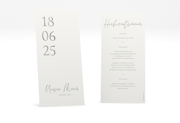 Menükarte Hochzeit Day lange Karte hoch weiss silber mit Datum im minimalistischen Design