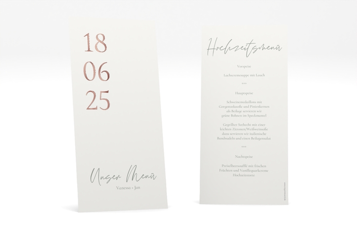 Menükarte Hochzeit Day lange Karte hoch weiss rosegold mit Datum im minimalistischen Design