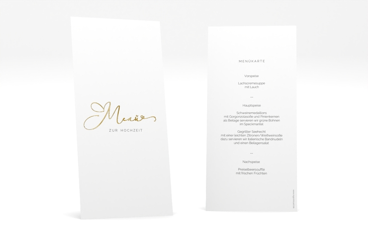 Menükarte Hochzeit Jawort lange Karte hoch weiss gold modern minimalistisch mit veredelter Aufschrift