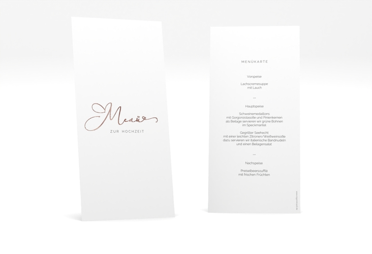 Menükarte Hochzeit Jawort lange Karte hoch weiss rosegold modern minimalistisch mit veredelter Aufschrift