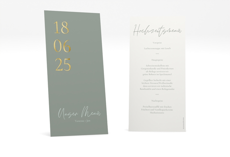 Menükarte Hochzeit Day lange Karte hoch gruen gold mit Datum im minimalistischen Design