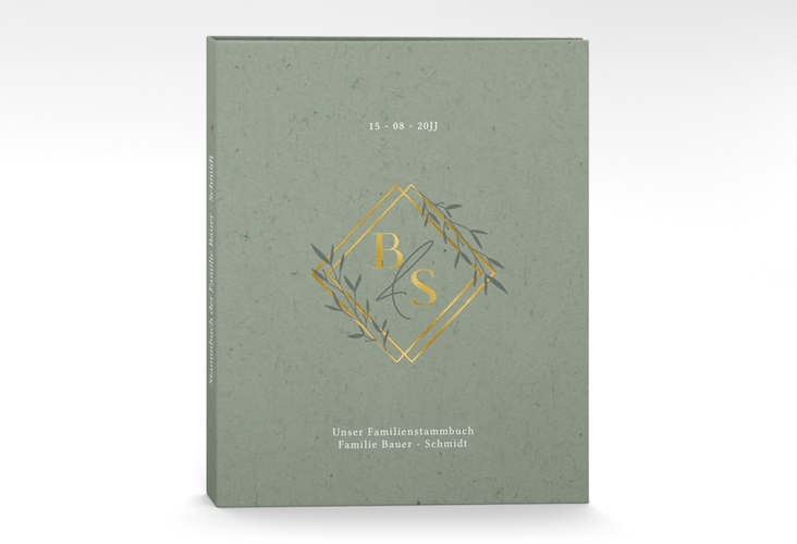 Stammbuch A4 Greenletter Stammbuch A4 gruen gold mit Initialen in elegantem Goldrahmen mit Blättern