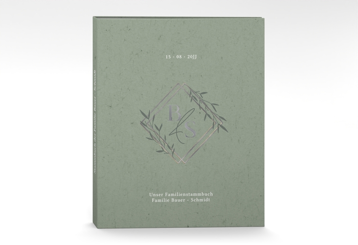 Stammbuch A4 Greenletter Stammbuch A4 gruen silber mit Initialen in elegantem Goldrahmen mit Blättern