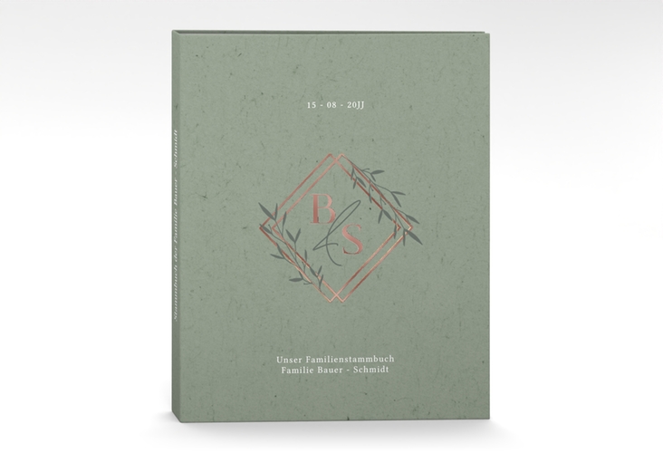 Stammbuch A4 Greenletter Stammbuch A4 gruen rosegold mit Initialen in elegantem Goldrahmen mit Blättern