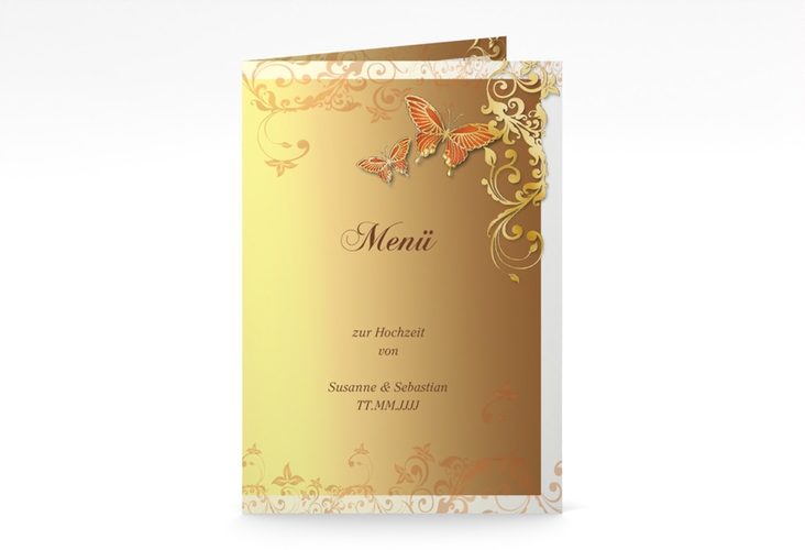 Menükarte Hochzeit Toulouse A5 Klappkarte hoch orange gold